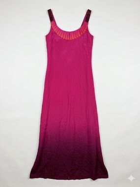 Nachiket Barve Silk Ombre Gown Fuchsia Pink Pleated Neck Beaded Maxi Dress-Small